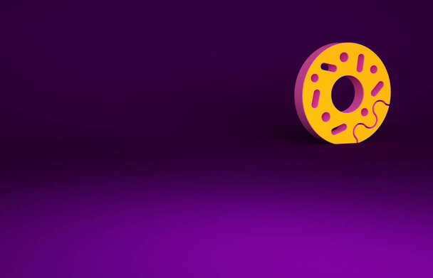 Donut naranja con icono de esmalte dulce aislado sobre fondo púrpura. Concepto minimalista. 3D ilustración 3D render. - Foto, imagen