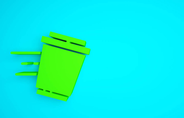 Zöld kávé csésze menni ikon elszigetelt kék háttér. Minimalizmus koncepció. 3d illusztráció 3D render. - Fotó, kép