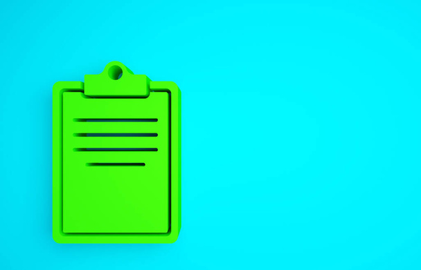 Green Clipboard with checklist icon isolated on blue background. Control list symbol. Survey poll or questionnaire feedback form. Minimalism concept. 3d illustration 3D render. - Photo, Image