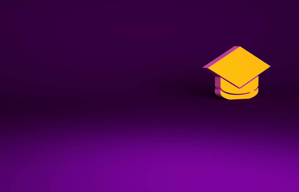 Иконка оранжевого диплома выделена на фиолетовом фоне. Выпускная шляпа с иконкой кисточки. Концепция минимализма. 3D-рендеринг. - Фото, изображение