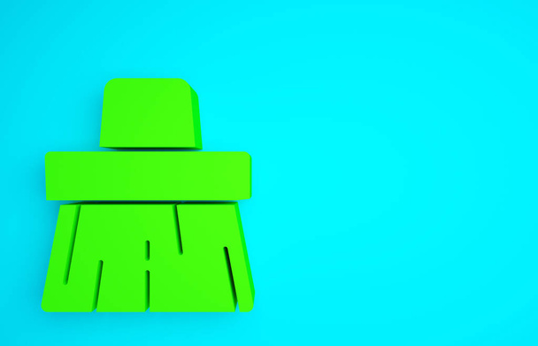 Icono de escoba de mango verde aislado sobre fondo azul. Servicio de limpieza concepto. Concepto minimalista. 3D ilustración 3D render. - Foto, Imagen