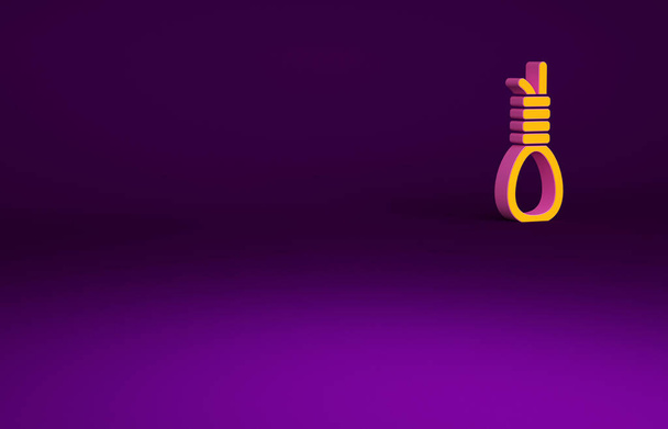 Icône suspendue à la corde Orange Gallows isolée sur fond violet. Corde attachée au nœud. Suicide, pendaison ou lynchage. Concept de minimalisme. Illustration 3D rendu 3D. - Photo, image