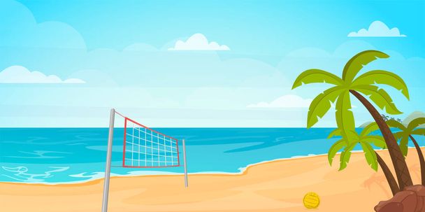 Illustrazione di beach volley, bellissima isola e palme. - Vettoriali, immagini