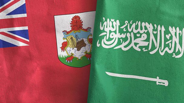 Saudi Arabien und Bermuda zwei Flaggen Textiltuch 3D-Rendering - Foto, Bild