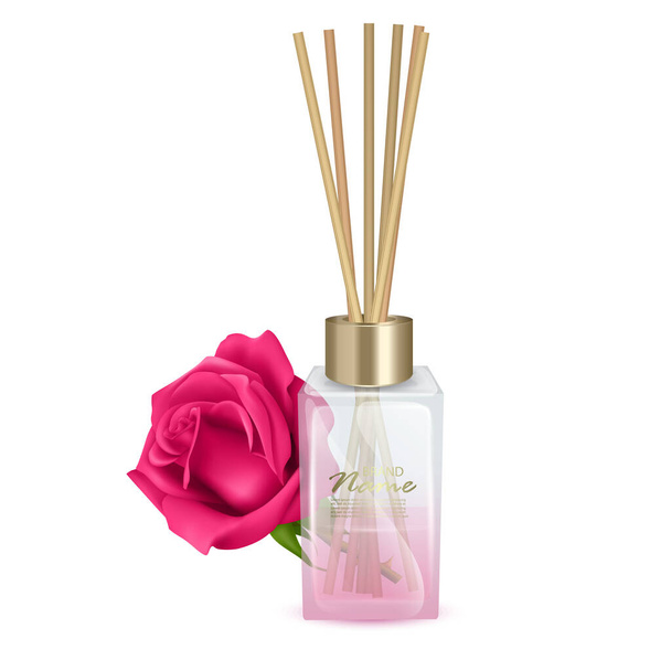 Ilustración vectorial tarro de vidrio con palos de aroma, palos de rosas aroma. Ilustración vectorial realista sobre fondo blanco - Vector, Imagen