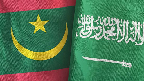 Arabia Saudita e Mauritania due bandiere tessuto rendering 3D - Foto, immagini