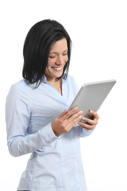 Happy woman reading a tablet reader - Zdjęcie, obraz