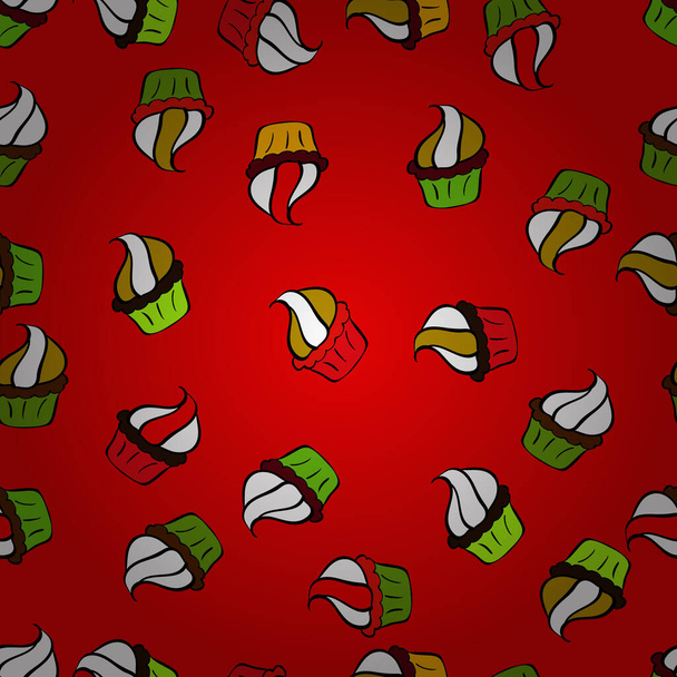 Vektorillustration. Nahtlos mit Cupcake auf rot-weißem Hintergrund. Für die Gestaltung von Lebensmittelplakaten. Geschenkpapier. - Vektor, Bild