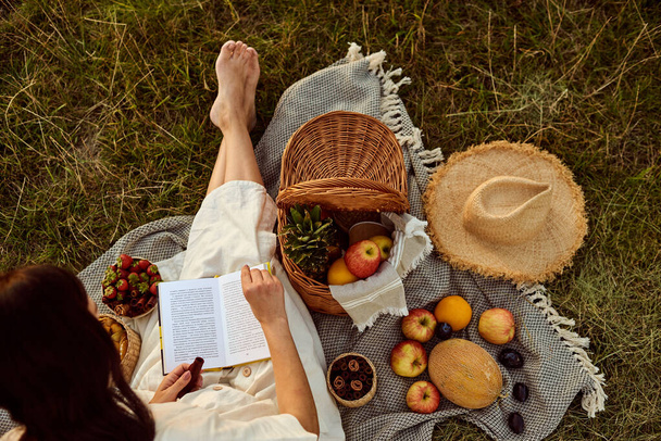 The girl sits on a plaid in the open air and reads a book. Flat lay. - Foto, Imagen