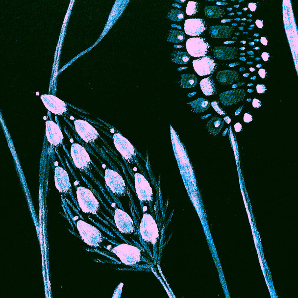 Blue Plant Hintergrund. Azure Distressed Texture. Präsentation grüner Schönheit. Botanischer Druck. Dynamische rosa Dekoration. Krawattenfärbepinsel vorhanden. Abstraktes schwarzes Plakat. - Foto, Bild