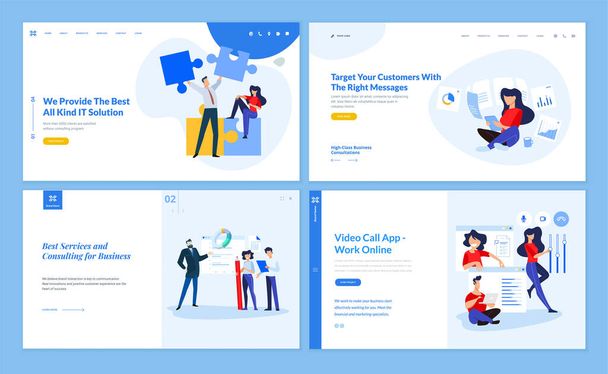 Set of website template designs of IT and business solution, consulting, video call app, work online, customer relations manager. Vector illustration concepts for website and mobile website development.  - Vector, Image