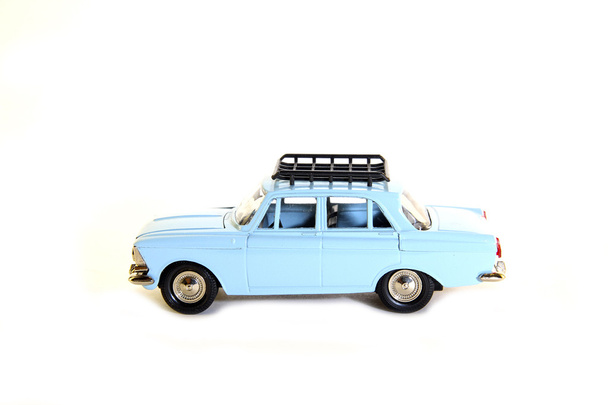 Collectible toy model blue Soviet car "Moskvitch" - Fotó, kép