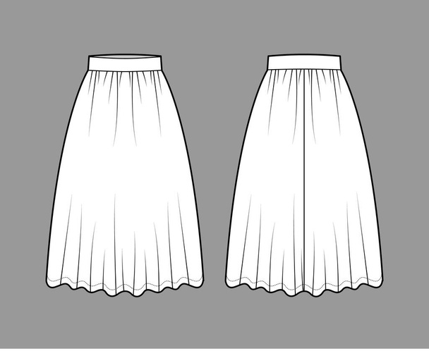 Skirt dirndl technical fashion illustration with below-the-knee lengths, semi-circular fullness, thick waistband . Flat - Vector, Image
