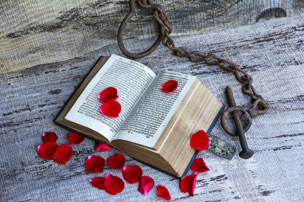 Egy elbűvölő régi szerelmi történet 1763-ból. Egy ősi könyv rózsaszirmokkal és lánccal. - Fotó, kép