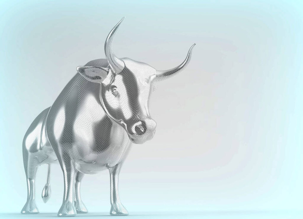 3D kovový býk na modrém pozadí s místem pro text. - Fotografie, Obrázek