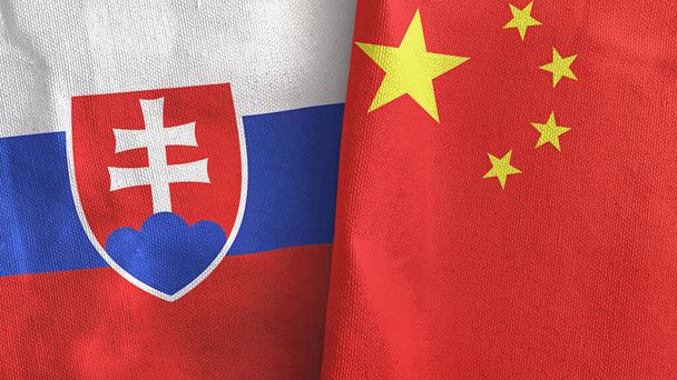 Kiina ja Slovakia kaksi lippua tekstiilikangas 3D renderöinti - Valokuva, kuva