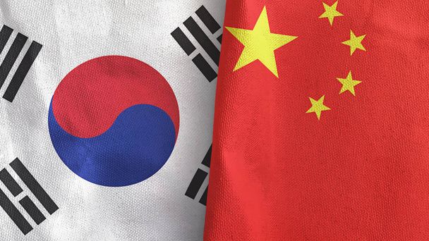 China and South Korea two flags textile cloth 3D rendering - Photo, Image