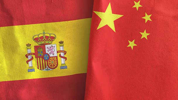 China und Spanien zwei Flaggen Textiltuch 3D-Rendering - Foto, Bild
