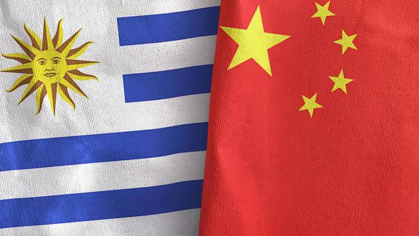 China and Uruguay two flags textile cloth 3D rendering - Photo, Image