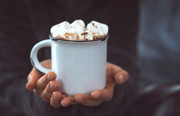 Κοντινό πλάνο της λευκής κούπας με ζεστή σοκολάτα και ζαχαρωτά - Φωτογραφία, εικόνα