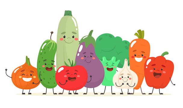 幸せと陽気な野菜を一緒に。平面漫画風のベクトルイラスト. - ベクター画像