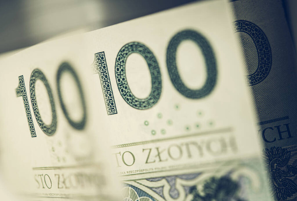 Polonya Para Birimi PLN Banknotları. Polonya Zloti 100 'lük banknot. Kapatın. Bankacılık ve Ekonomi Endüstrisi. - Fotoğraf, Görsel