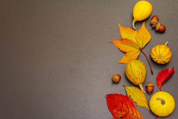 Осенний фон с декоративными тыквами, осенними листьями и желудями. Праздничные обои, открытка или граница. Черный камень бетонный фон, вид сверху - Фото, изображение
