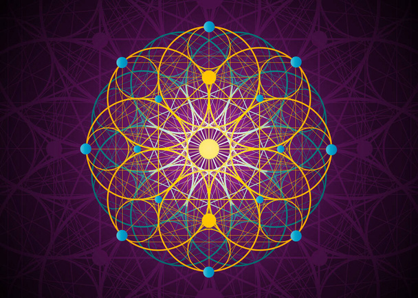 生命のシンボルの種神聖な幾何学。ロゴアイコン地球幾何学神秘的な錬金術のカラフルなマンダラ生命の花。神聖なサインベクトル黒タトゥー神の瞑想のお守り孤立した紫の背景 - ベクター画像