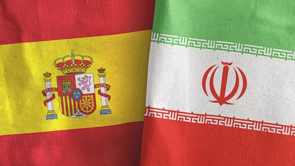 Iran and Spain two flags textile cloth 3D rendering - Photo, Image