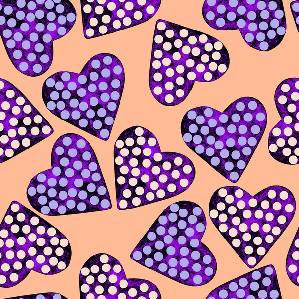 Watercolor colorful seamless pattern with hearts with dots on orange. Polka-dot. Holiday, Valentine's day mood. Design for fabric, wallpaper, baby room, print, wrapping paper, greeting card, cover. - Photo, Image
