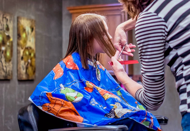 Νεαρή κοπέλα κάθεται ακίνητη όπως ένας στυλίστας κόβει τα μαλλιά της σε ένα τοπικό σαλόνι ομορφιάς - Φωτογραφία, εικόνα