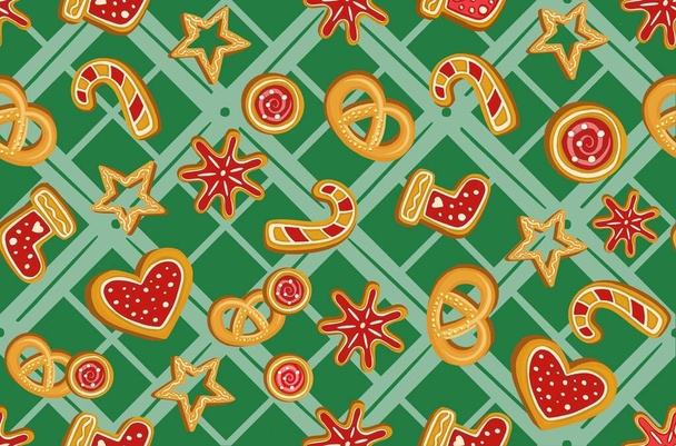 Winter seamless patterns with gingerbread cookies. Awesome holiday background. Christmas repeating texture for surface design, wallpapers, fabrics, wrapping paper etc. Vector illustration - Vector, Image