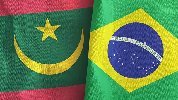 Brésil et Mauritanie deux drapeaux tissu textile rendu 3D - Photo, image
