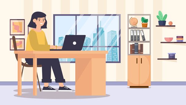 young woman working with laptop at the desk at home. Vector illustration. Apartment interior with chair, plants, desk. coffee cup, documents, shelves, cat, clock. Home office - Photo, Image