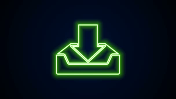 Gloeiende neon lijn Download Inbox pictogram geïsoleerd op zwarte achtergrond. 4K Video motion grafische animatie - Video