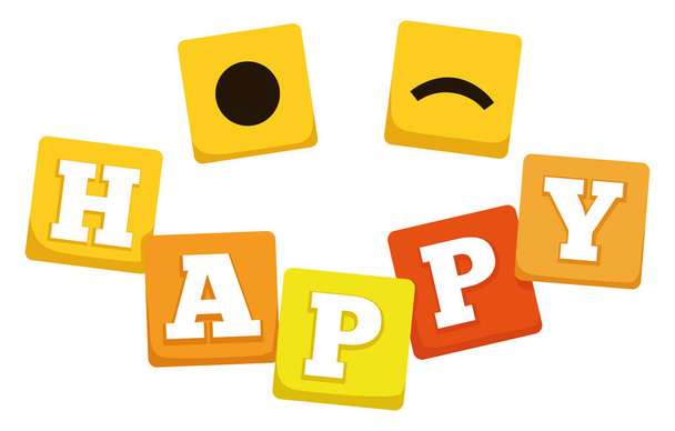 Letter cube toys forming 'happy' word and wink with punctuation symbols, isolated over white background. - Vector, imagen