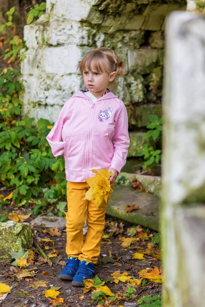 A girl with a broken arm stands near a brick wall in an old park on an autumn walk - Photo, Image