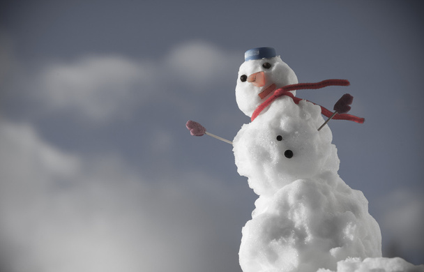 Little happy christmas snowman with pink gloves outdoor. Winter season. - Photo, Image