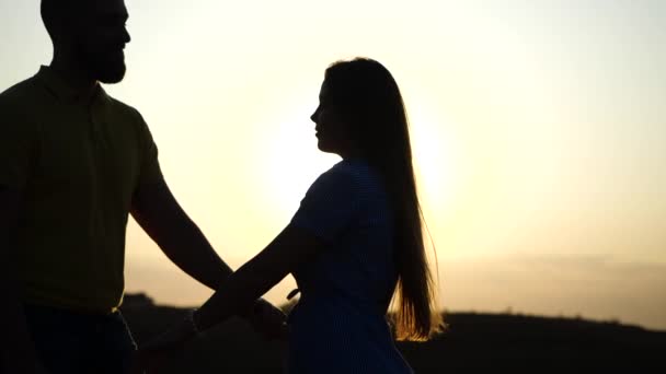 Close-up view of bearded guy and pretty girl walking away holding each other in field evening backdrop of sunset in slow motion. Loving couple with passionate feelings enjoy romantic date in nature. - Footage, Video