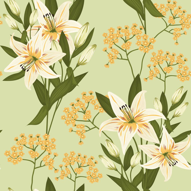 Vintage flowers and leaves. A bouquet of lilies. Seamless patterns. Pastel colors. Isolated vector illustrations. - Vector, afbeelding