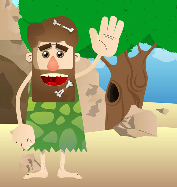 Cartoon caveman with waving hand. Vector illustration of a man from the stone age. - Vetor, Imagem