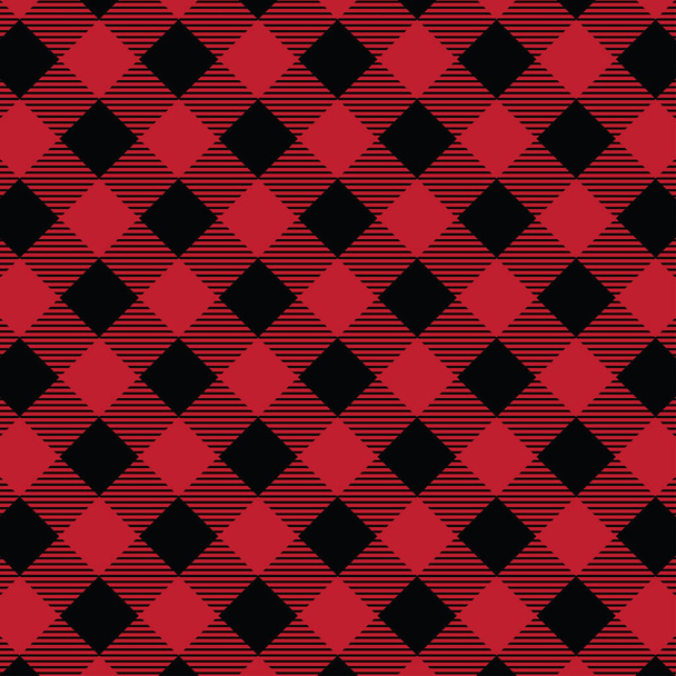 Patrón sin costura a cuadros de búfalo leñador diagonal rojo y negro - Vector, Imagen