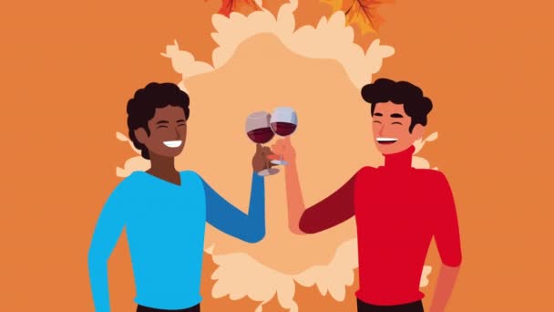 heureux jour de l'Action de grâces animation avec des hommes griller avec du vin - Séquence, vidéo
