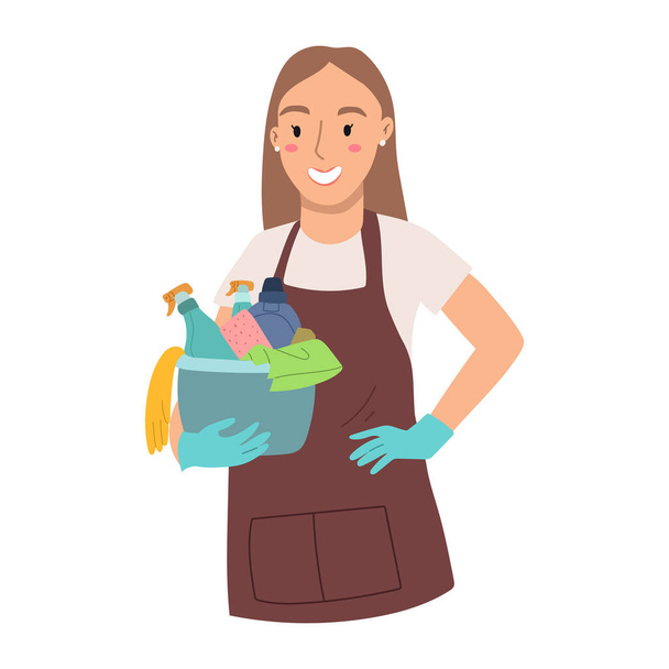 Vrouw is klaar voor reiniging houdt een emmer met schoonmaakmiddelen - Vector, afbeelding