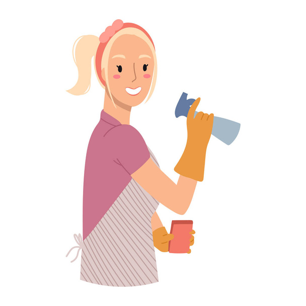 Woman is ready for cleaning holds cleaner and sponge - Vector, Image