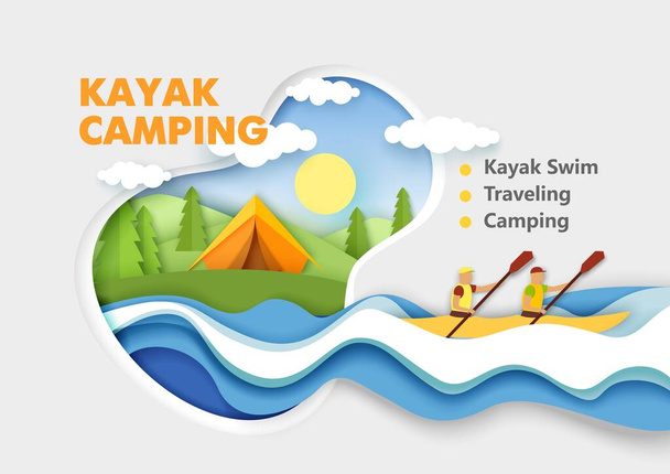 Paper cut tent on river bank, male characters paddling using oars in kayak boat. Vector illustration in paper art style. - Вектор,изображение
