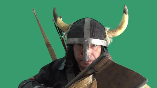 Langzame beweging. Een pijl slaat in het houten schild van de Vikingkrijger. Volwassen man in helm met hoorns en een bijl in zijn handen. Groene achtergrond - Video