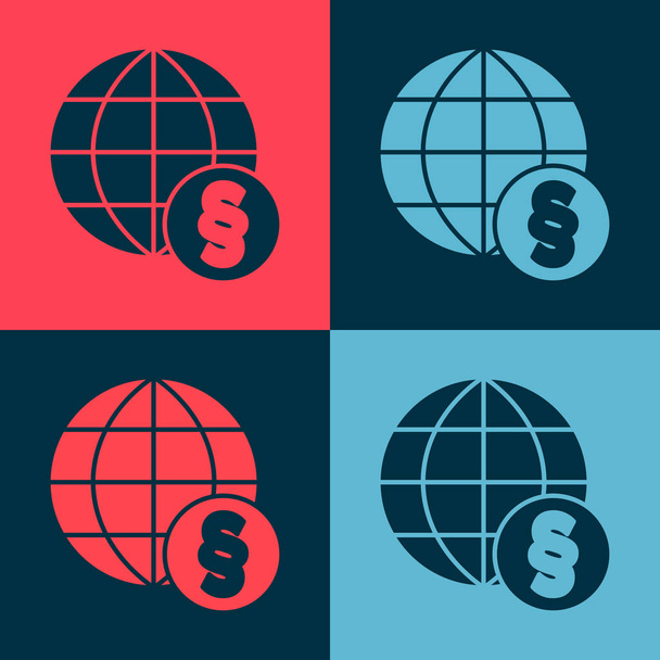 Pop Art Ikone des Völkerrechts isoliert auf farbigem Hintergrund. Das Logo des globalen Rechts. Gerichtsurteil Welt. Vektor. - Vektor, Bild