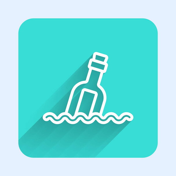 White line Glass bottle with a message in water icon isolated with long shadow. Letter in the bottle. Pirates symbol. Green square button. Vector. - Vector, Image