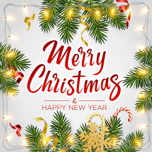 Christmas background with realistic pine branches, shining garlands, candy, serpentine, glitter gold snowflake, lettering Merry Christmas. Christmas, New Year greeting card, poster, postcard, banner - Vektor, obrázek